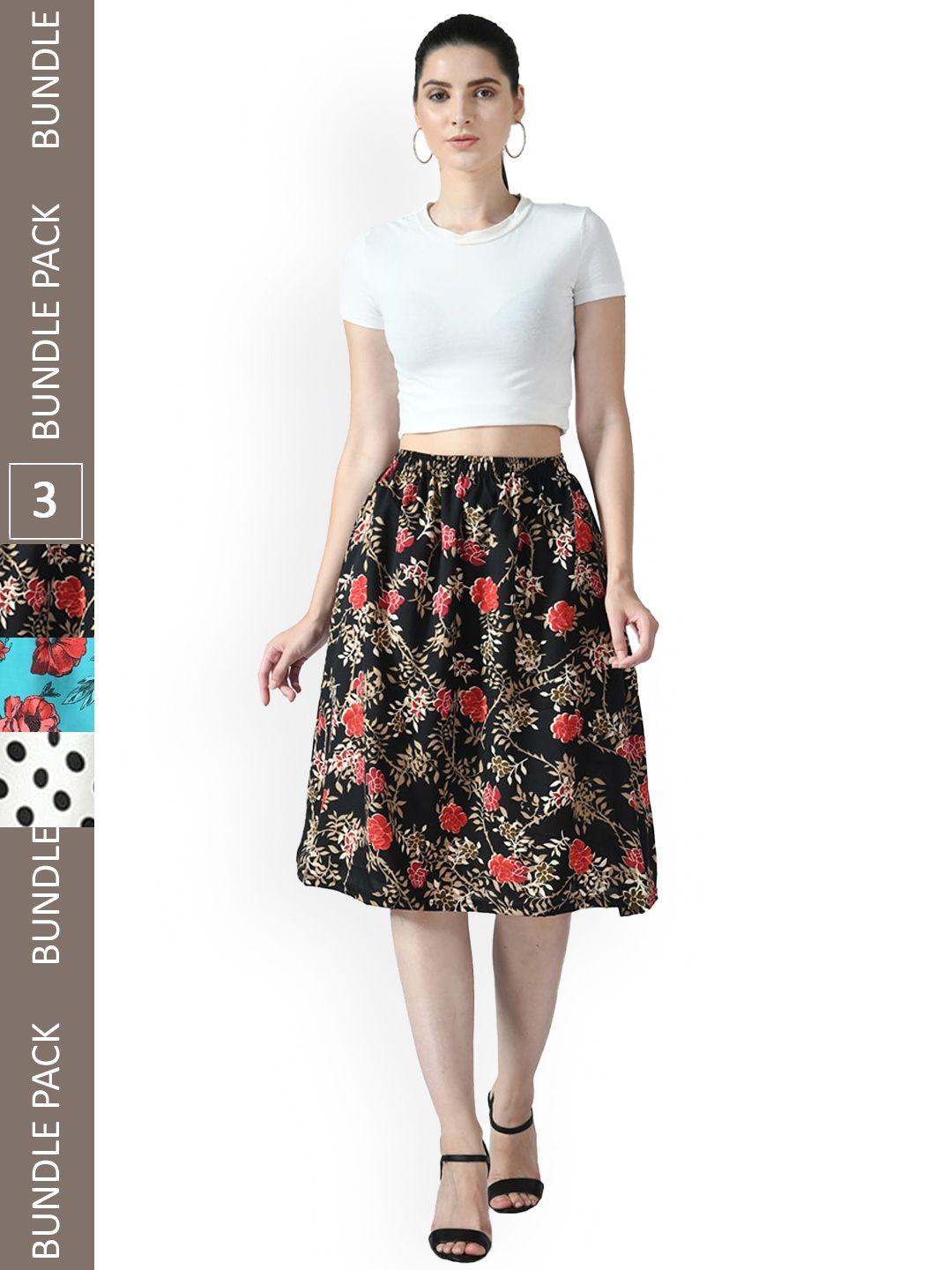 

IndiWeaves Pack Of 3 Printed Flared Midi Skirts, Black
