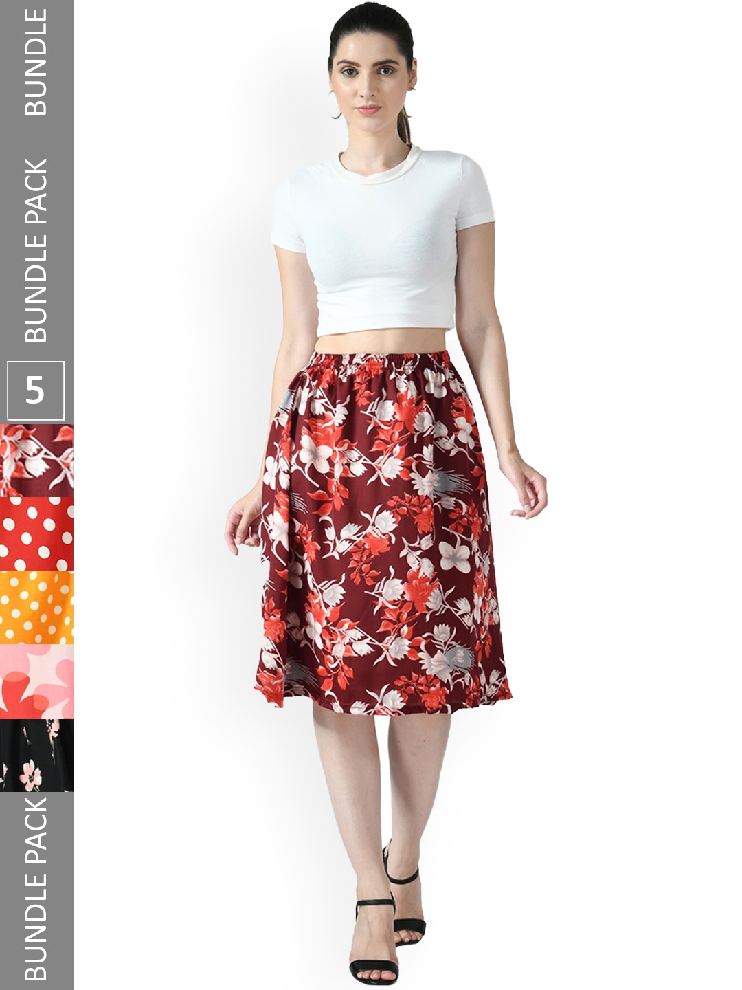 

IndiWeaves Pack Of 5 Printed Flared Midi Skirts, Orange