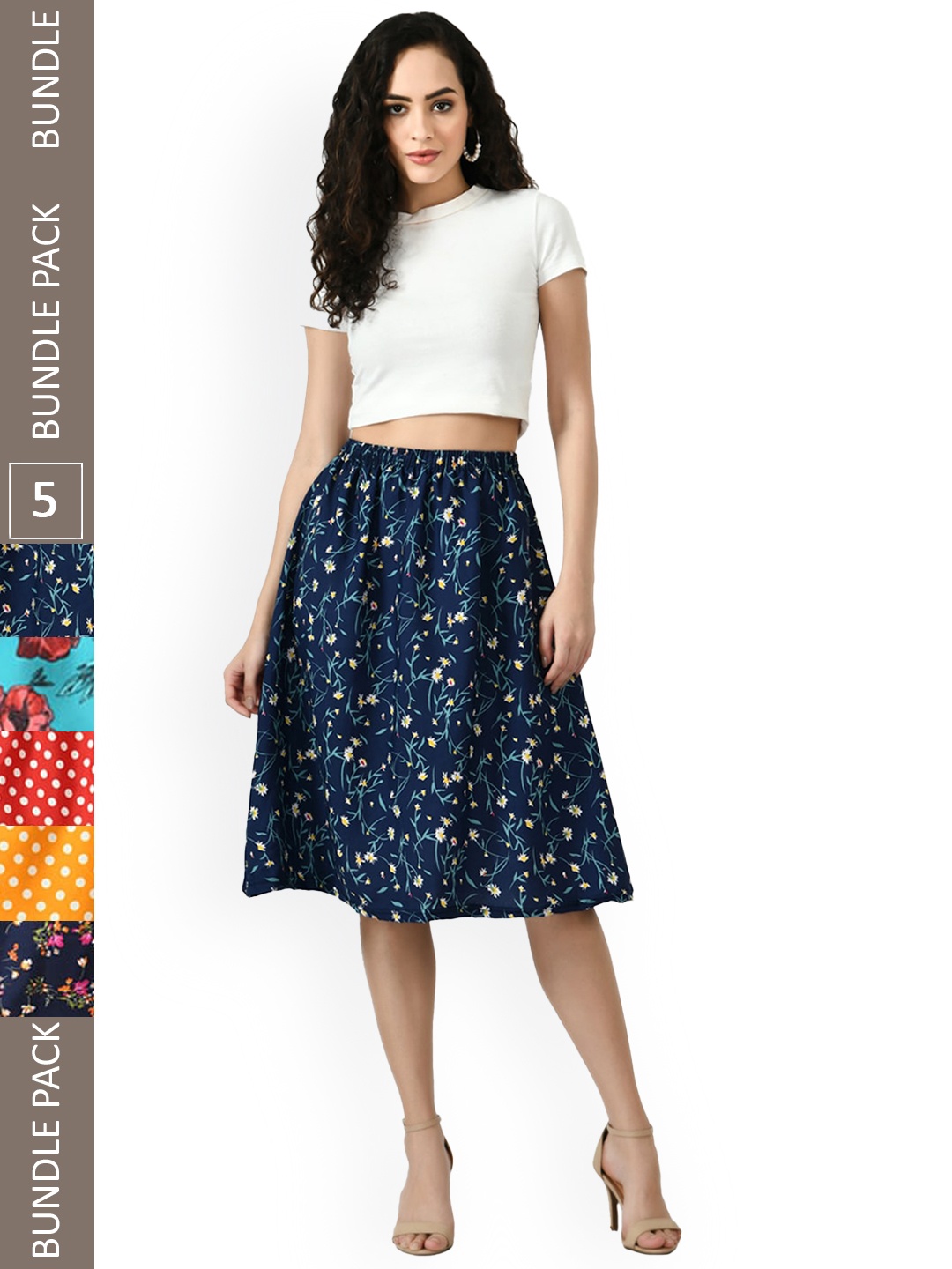 

IndiWeaves Pack Of 5 Floral Printed Flared Midi Skirts, Red