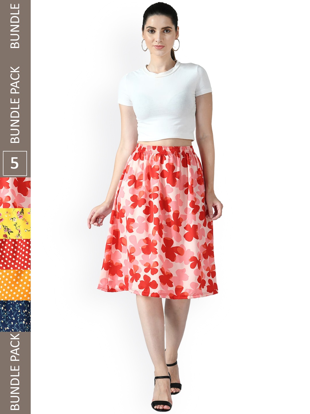 

IndiWeaves Pack Of 5 Floral Printed Flared Midi Skirts, Orange