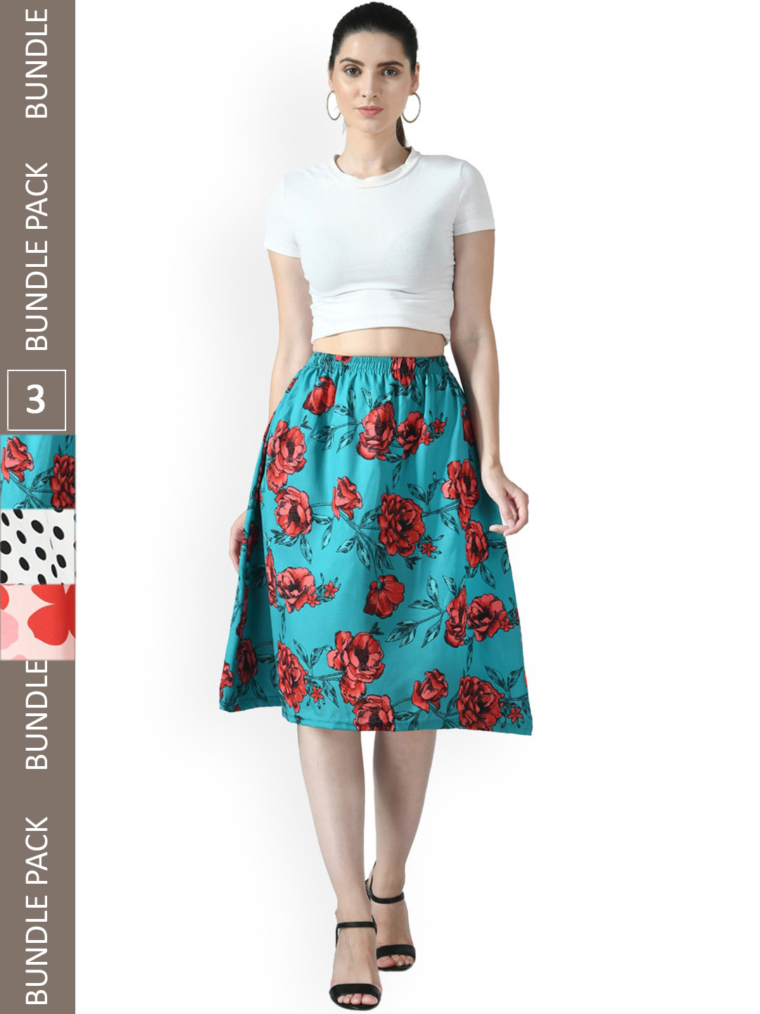 

IndiWeaves Pack Of 3 Floral Printed Flared Midi Skirts, Blue