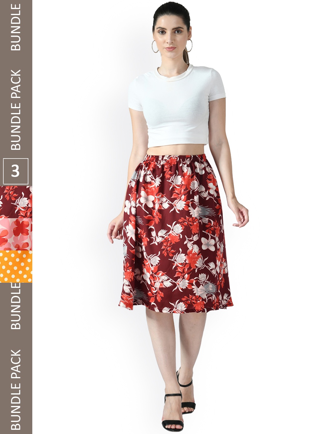 

IndiWeaves Pack Of 3 Printed Flared Midi Skirts, Maroon