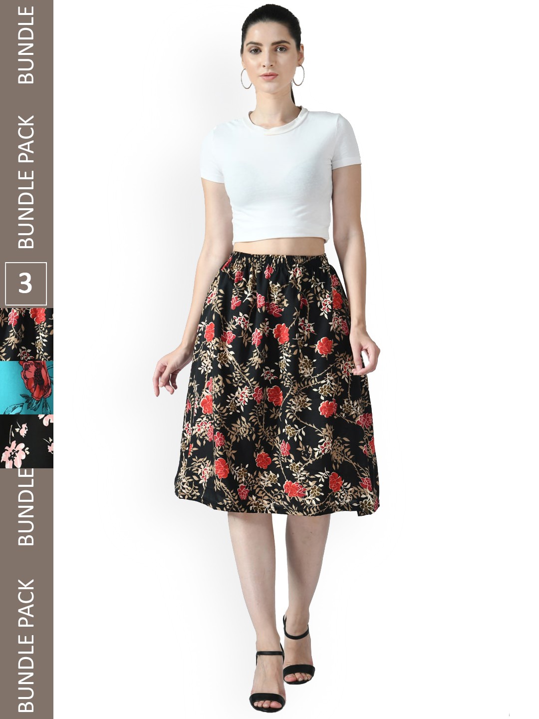 

IndiWeaves Pack Of 3 Printed Flared Midi Skirts, Black