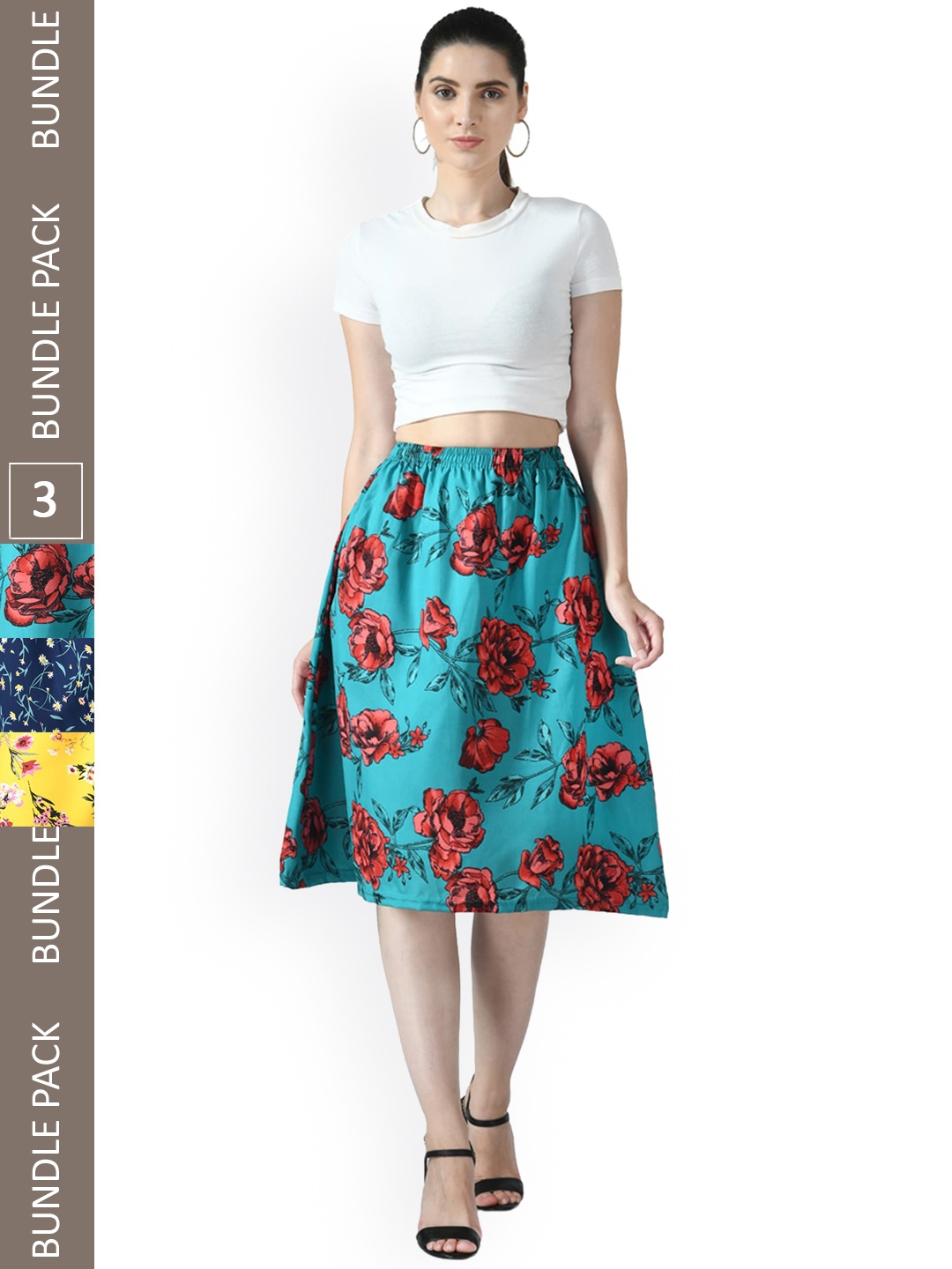 

IndiWeaves Pack Of 3 Printed Flared Midi Skirts, Blue