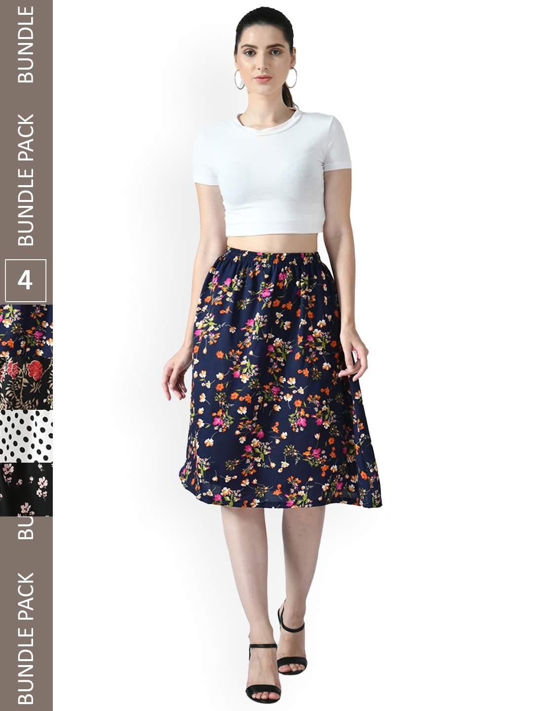 

IndiWeaves Pack Of 4 Floral Printed Midi Straight Skirts, Navy blue