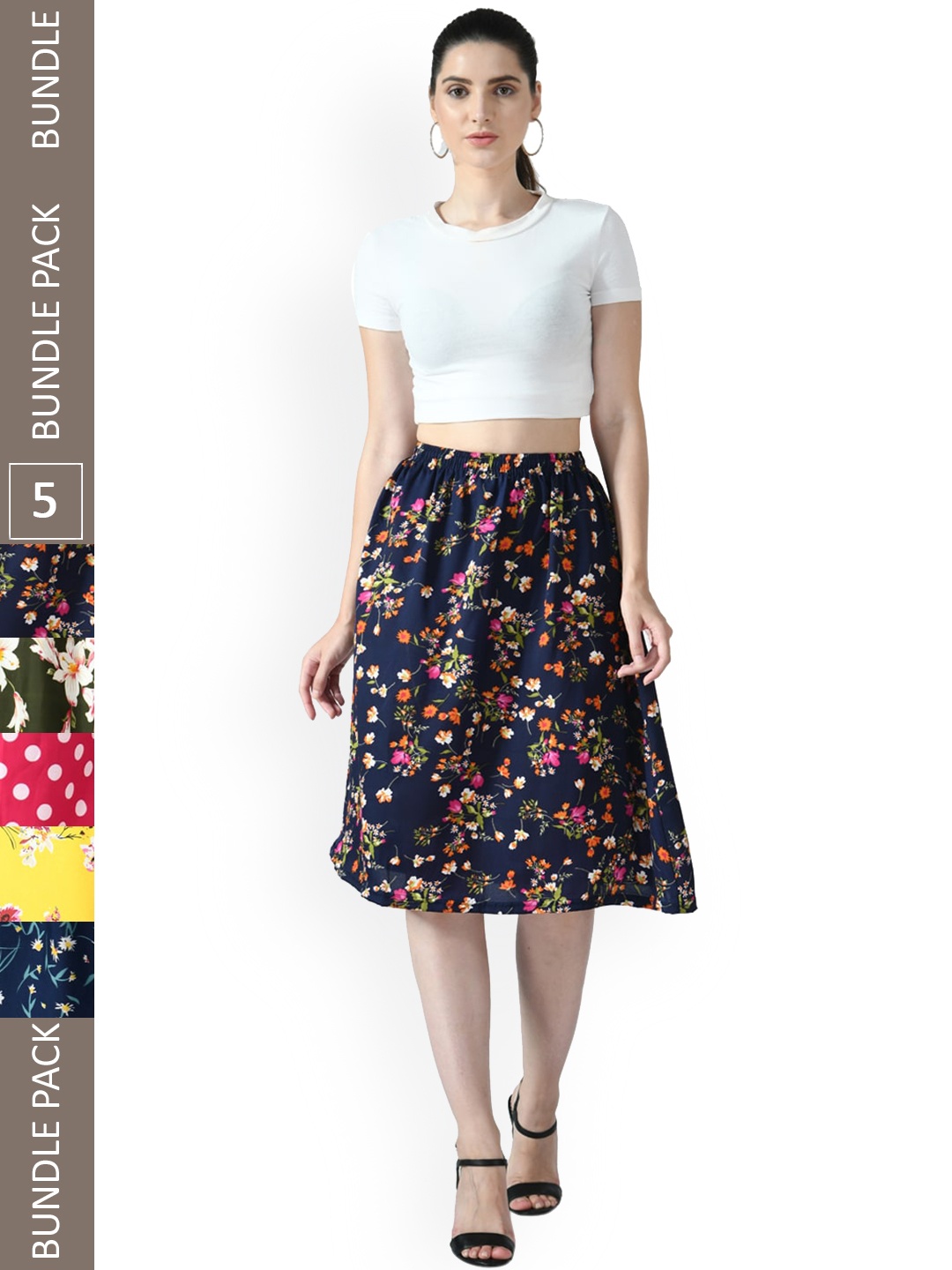 

IndiWeaves Pack Of 5 Printed Flared Midi Skirts, Pink