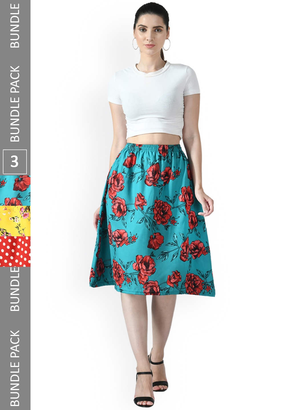 

IndiWeaves Pack Of 3 Floral Printed Flared Midi Skirts, Red