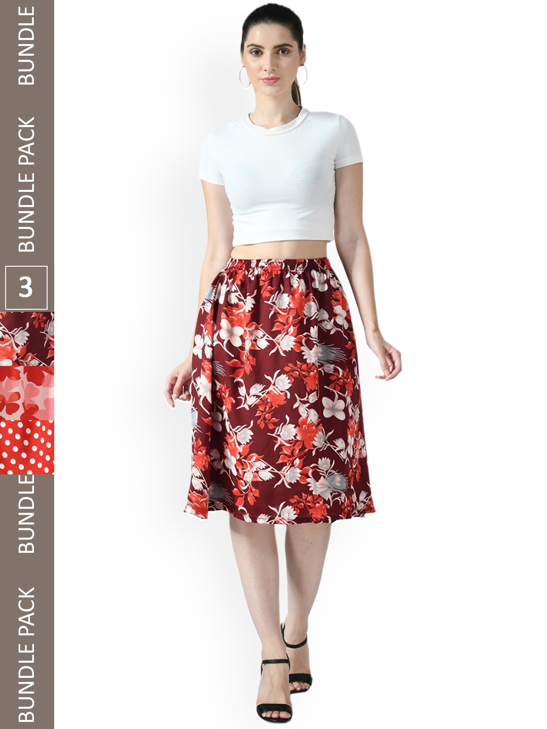 

IndiWeaves Pack Of 3 Floral Printed Flared Midi Skirts, Maroon