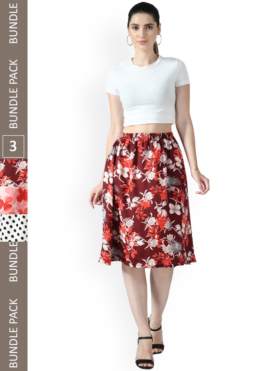 

IndiWeaves Pack Of 3 Floral Printed Flared Midi Skirts, White