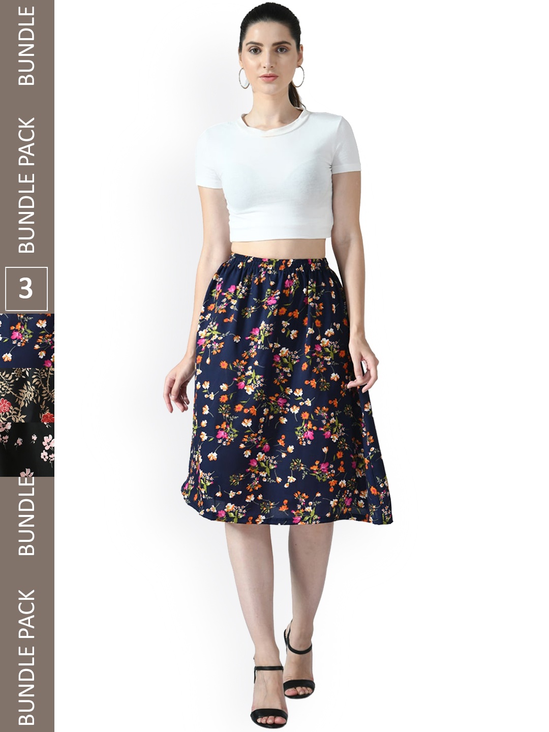 

IndiWeaves Pack Of 3 Floral Printed Crepe Flared Midi Skirts, Black