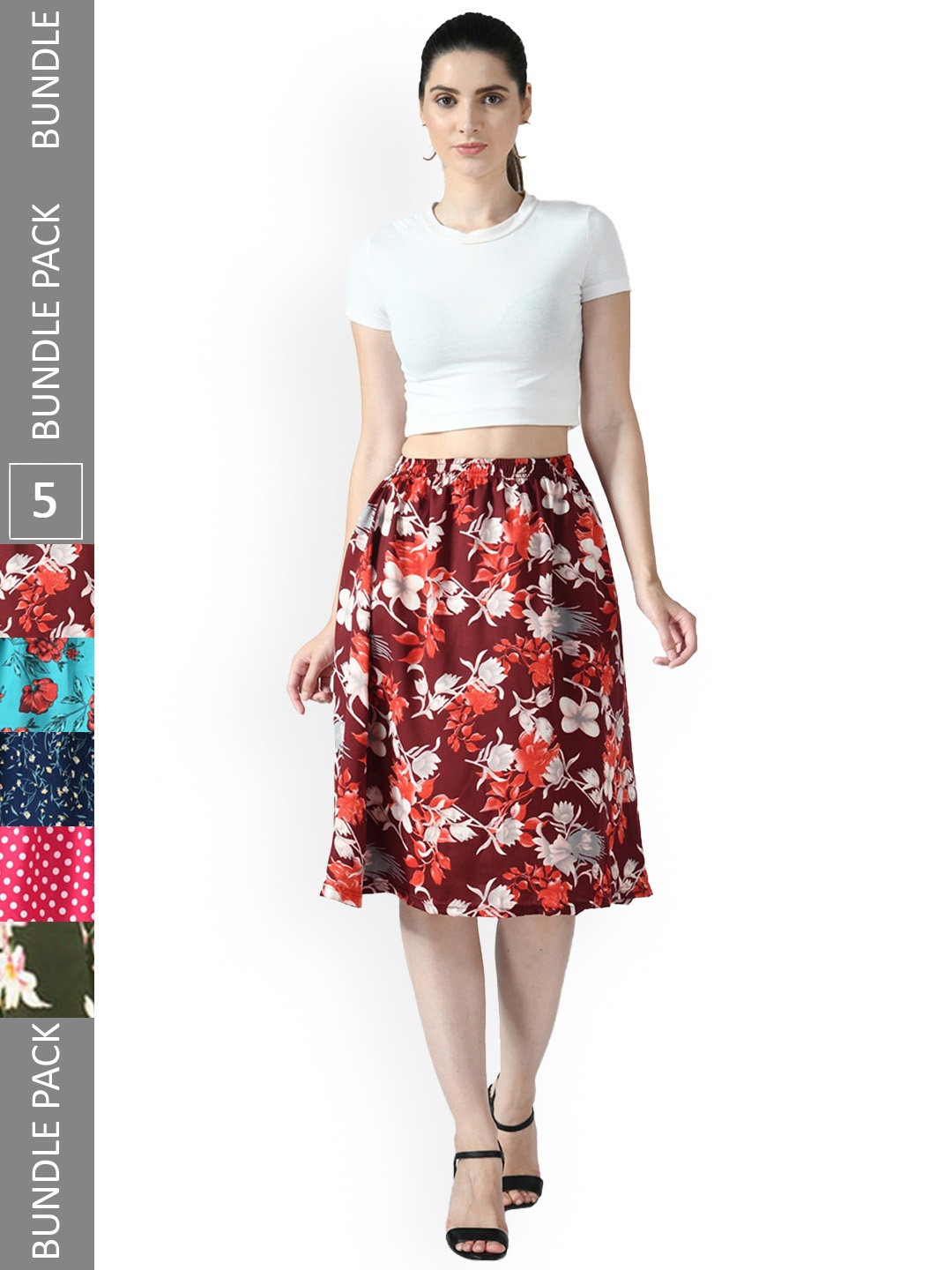 

IndiWeaves Pack Of 5 Floral Printed Midi Flared Skirts, Blue