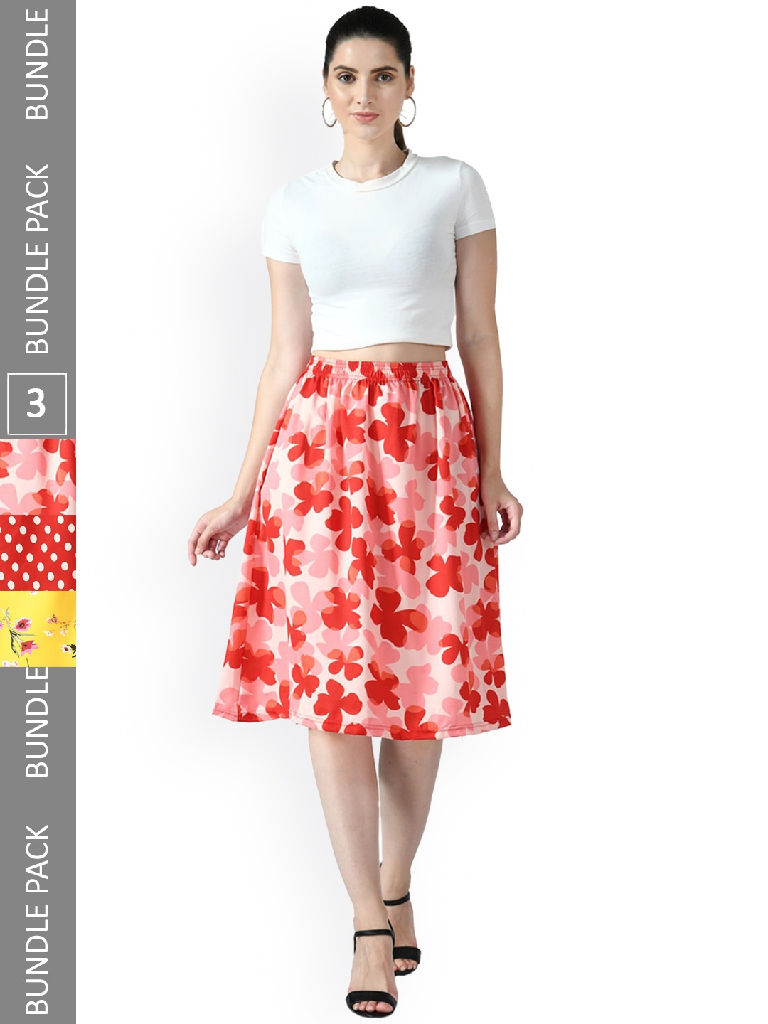 

IndiWeaves Pack Of 3 Floral Printed Flared Midi Skirts, Red
