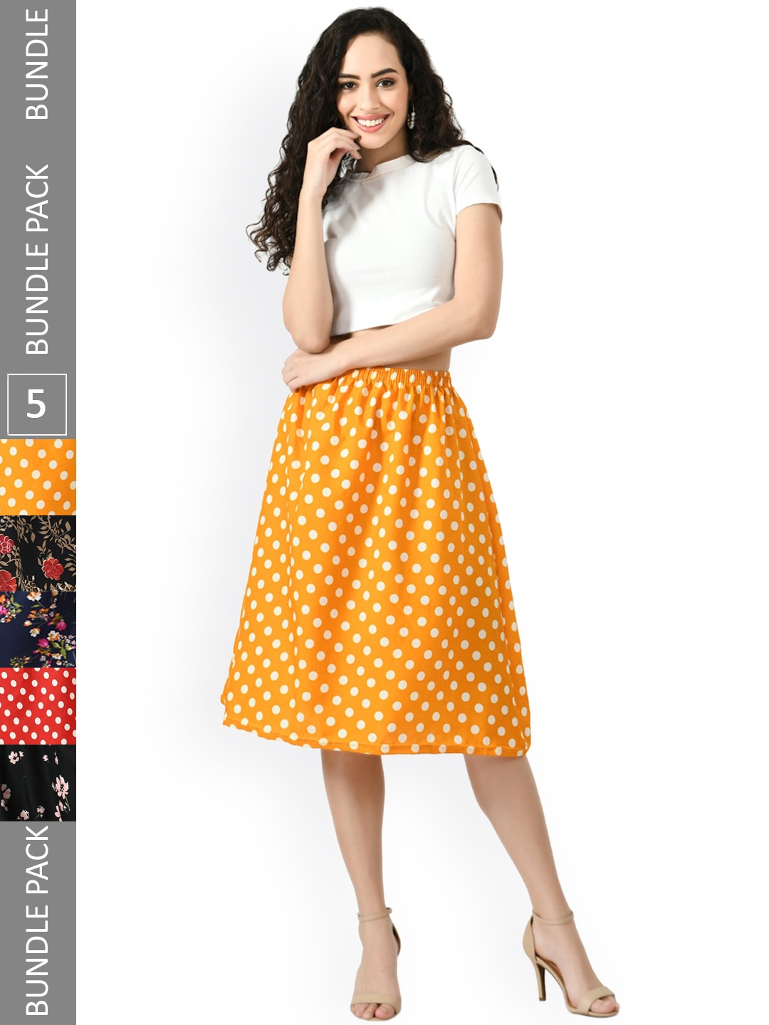 

IndiWeaves Pack of 5 Floral Printed Flared MidiSkirts, Navy blue
