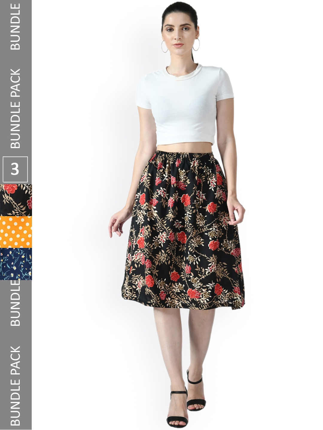 

IndiWeaves Pack Of 3 Floral Printed Midi Straight Skirts, Black