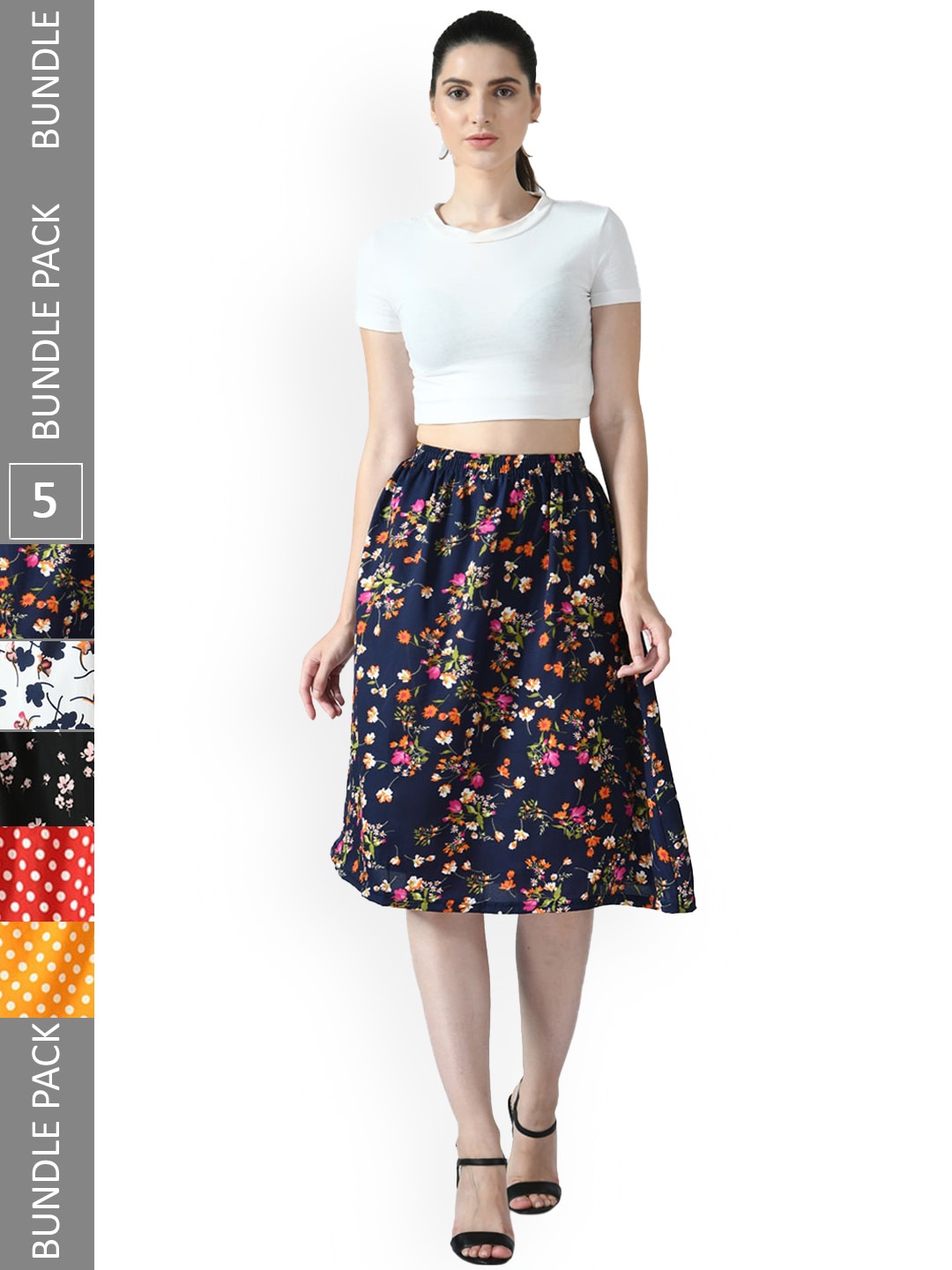 

IndiWeaves Pack of 5 Floral Printed Flared Midi Skirts, Navy blue