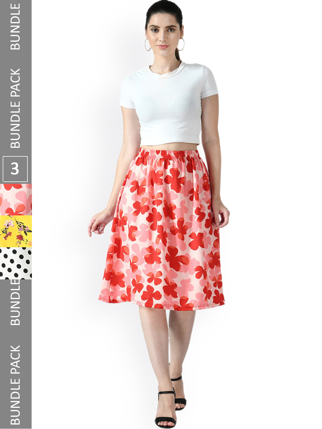 

IndiWeaves Pack of 3 Floral Printed Flared Skirts, Red