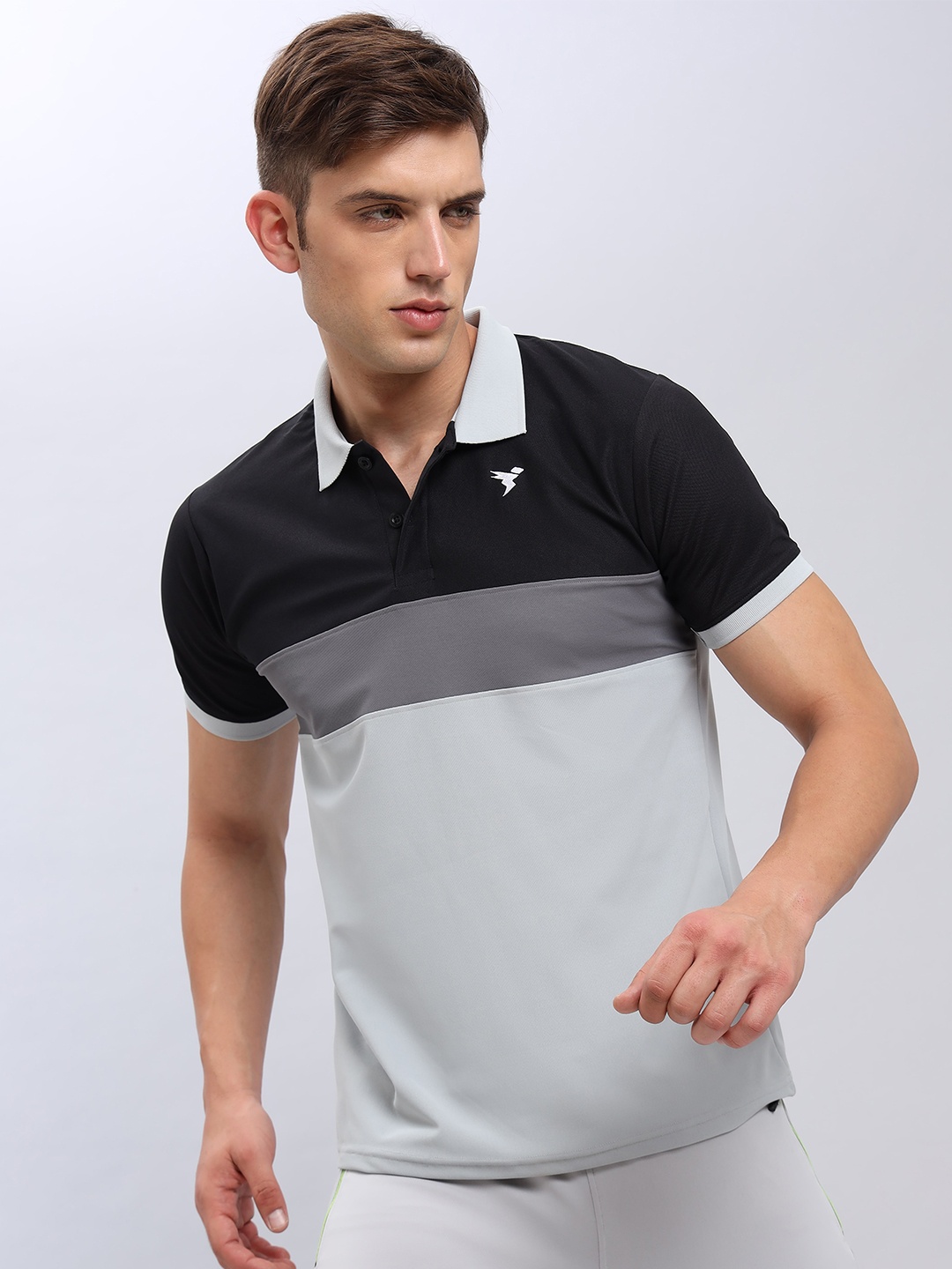 

Technosport Colourblocked Polo Collar Antimicrobial Slim Fit T-shirt, Grey