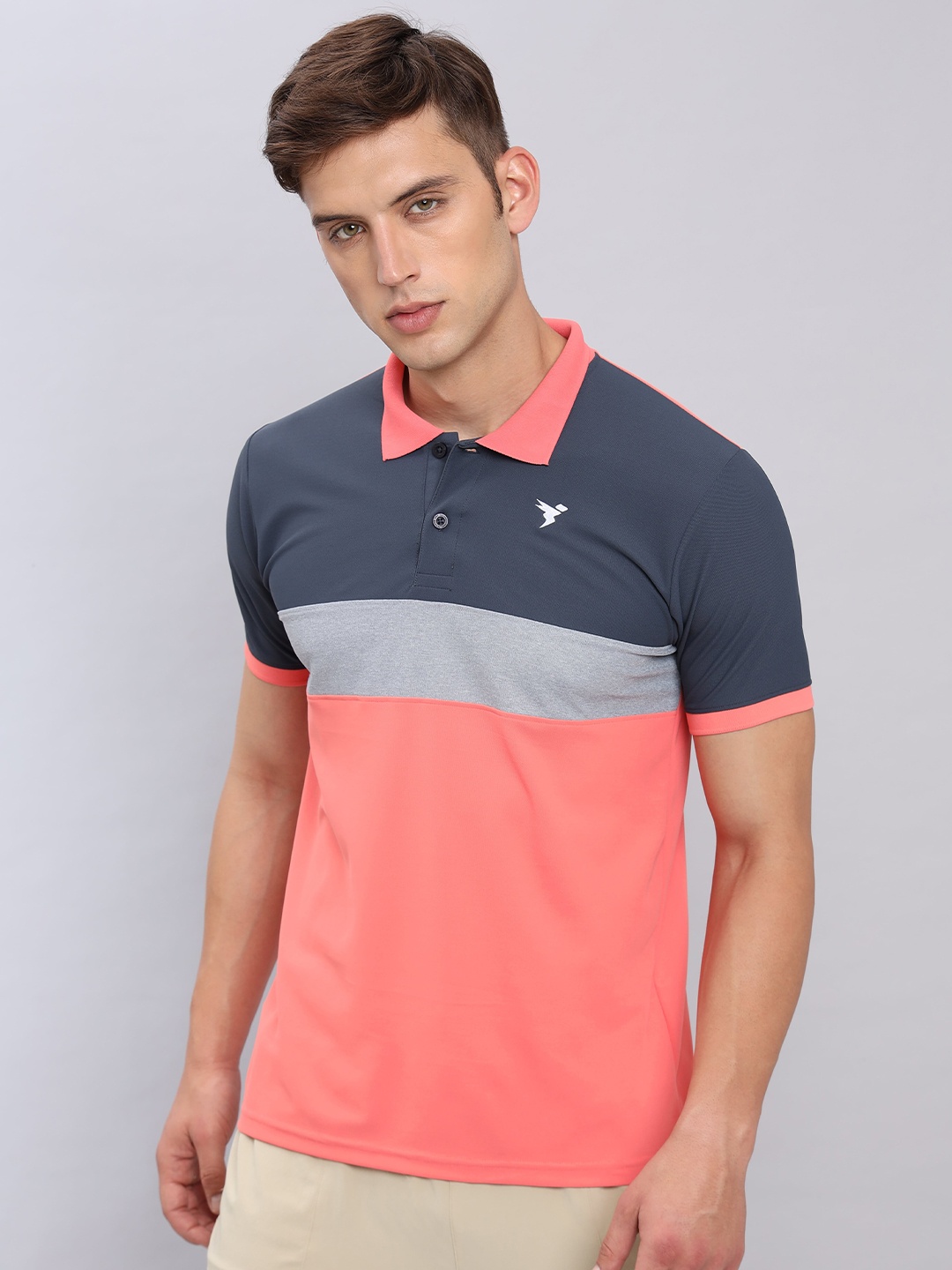 

Technosport Colourblocked Polo Collar Antimicrobial Slim Fit T-shirt, Coral