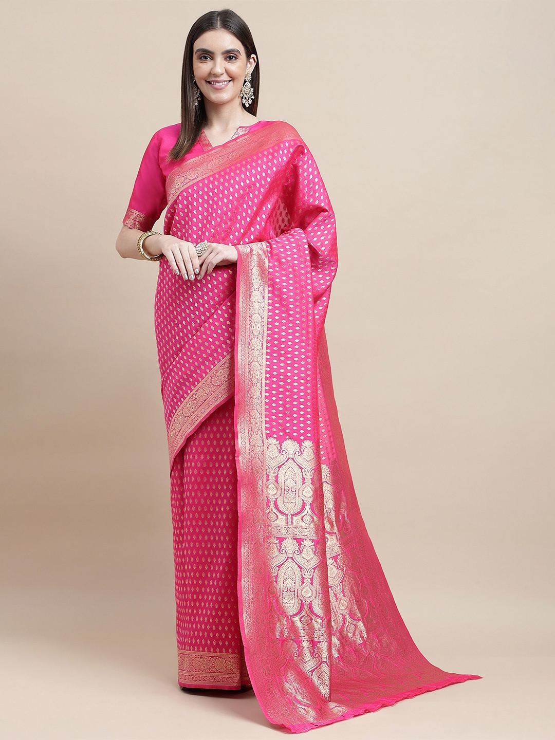 

HERE&NOW Pink & Gold-Toned Ethnic Woven Design Zari Kanjeevaram Saree