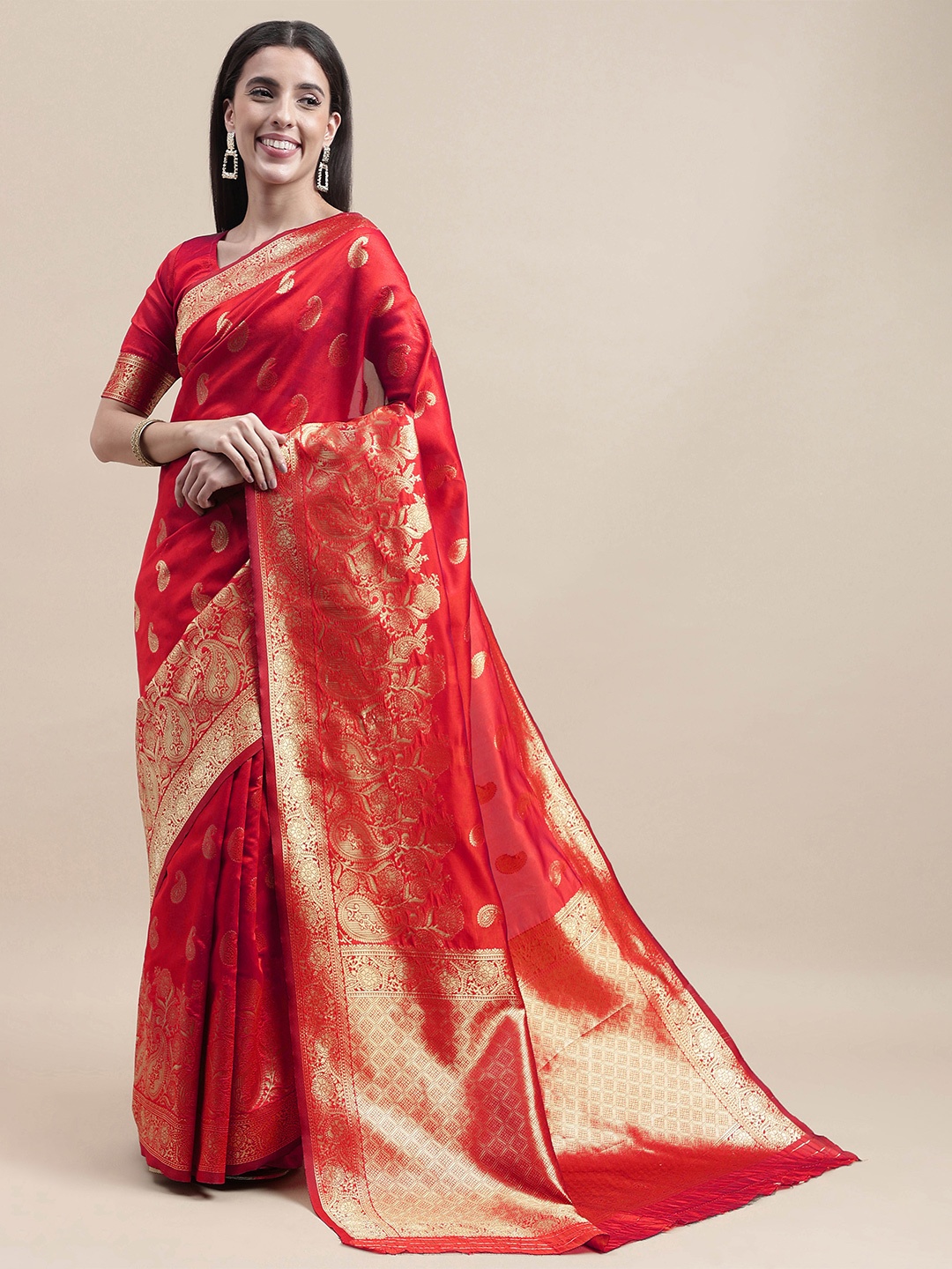 

HERE&NOW Red & Gold-Toned Paisley Woven Design Zari Banarasi Saree