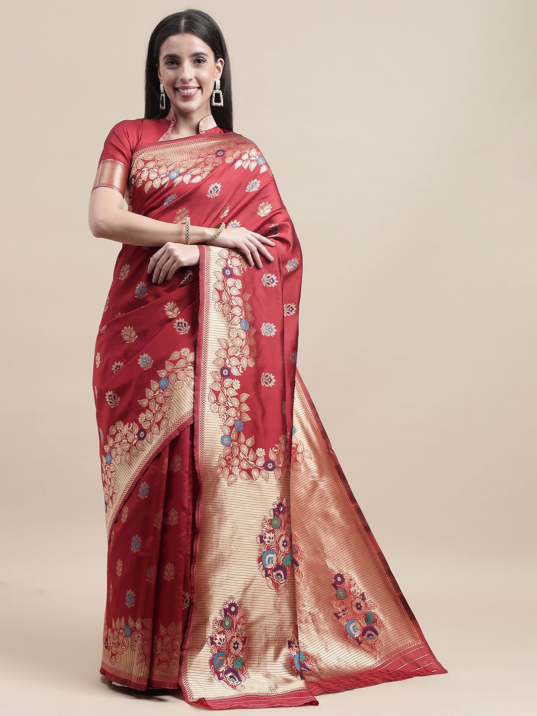 

HERE&NOW Red Ethnic Woven Design Zari Kanjeevaram Saree