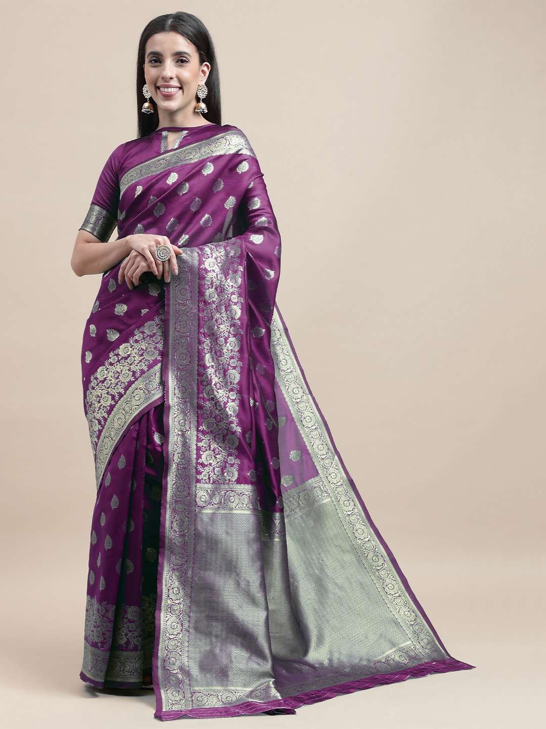 

HERE&NOW Purple & Gold-Toned Floral Woven Design Zari Banarasi Saree