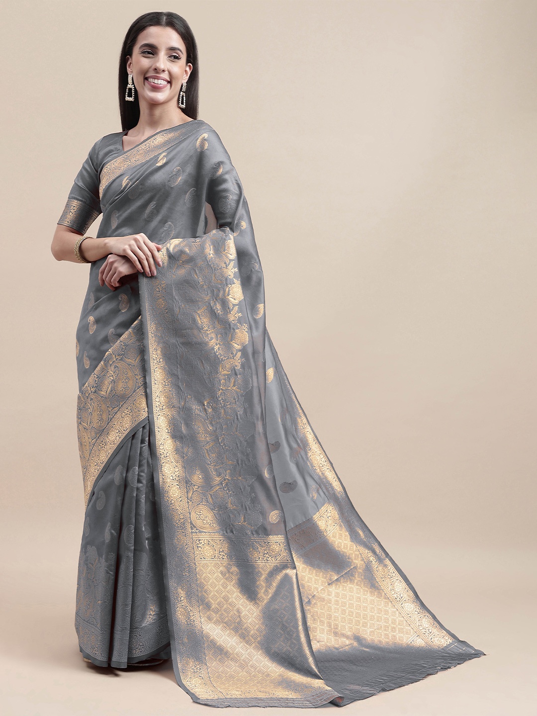 

HERE&NOW Grey & Gold-Toned Paisley Woven Design Zari Banarasi Saree