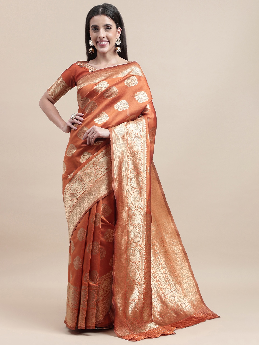 

HERE&NOW Orange & Gold-Toned Floral Woven Design Zari Banarasi Saree