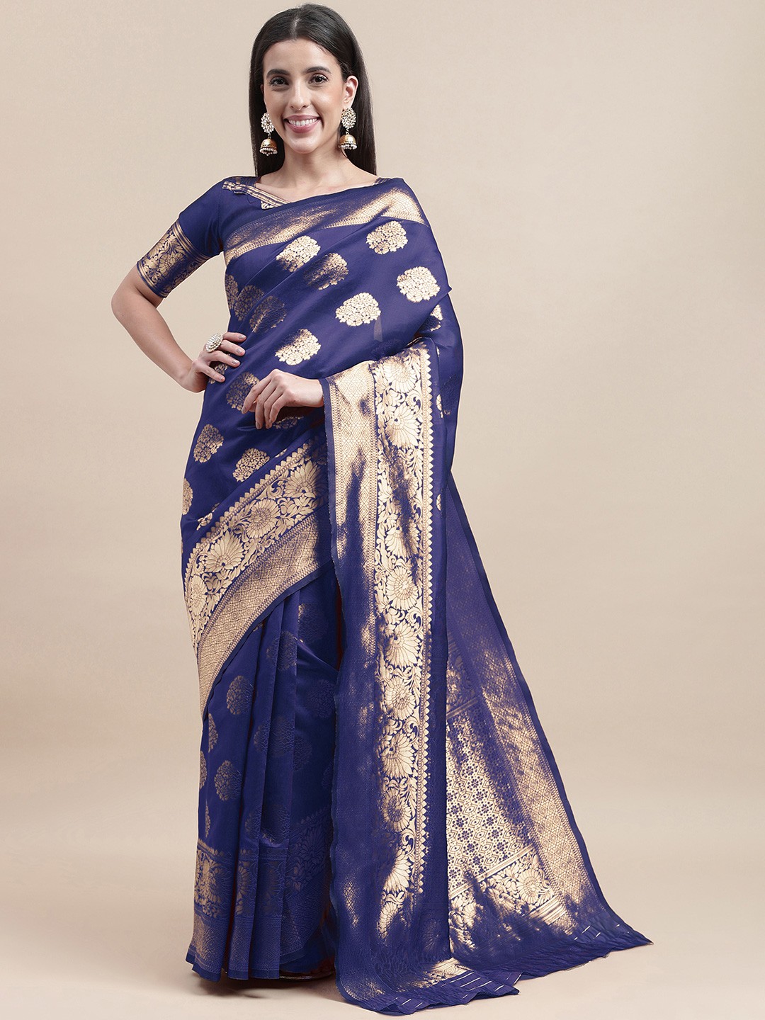 

HERE&NOW Navy Blue & God-Toned Floral Woven Design Zari Banarasi Saree