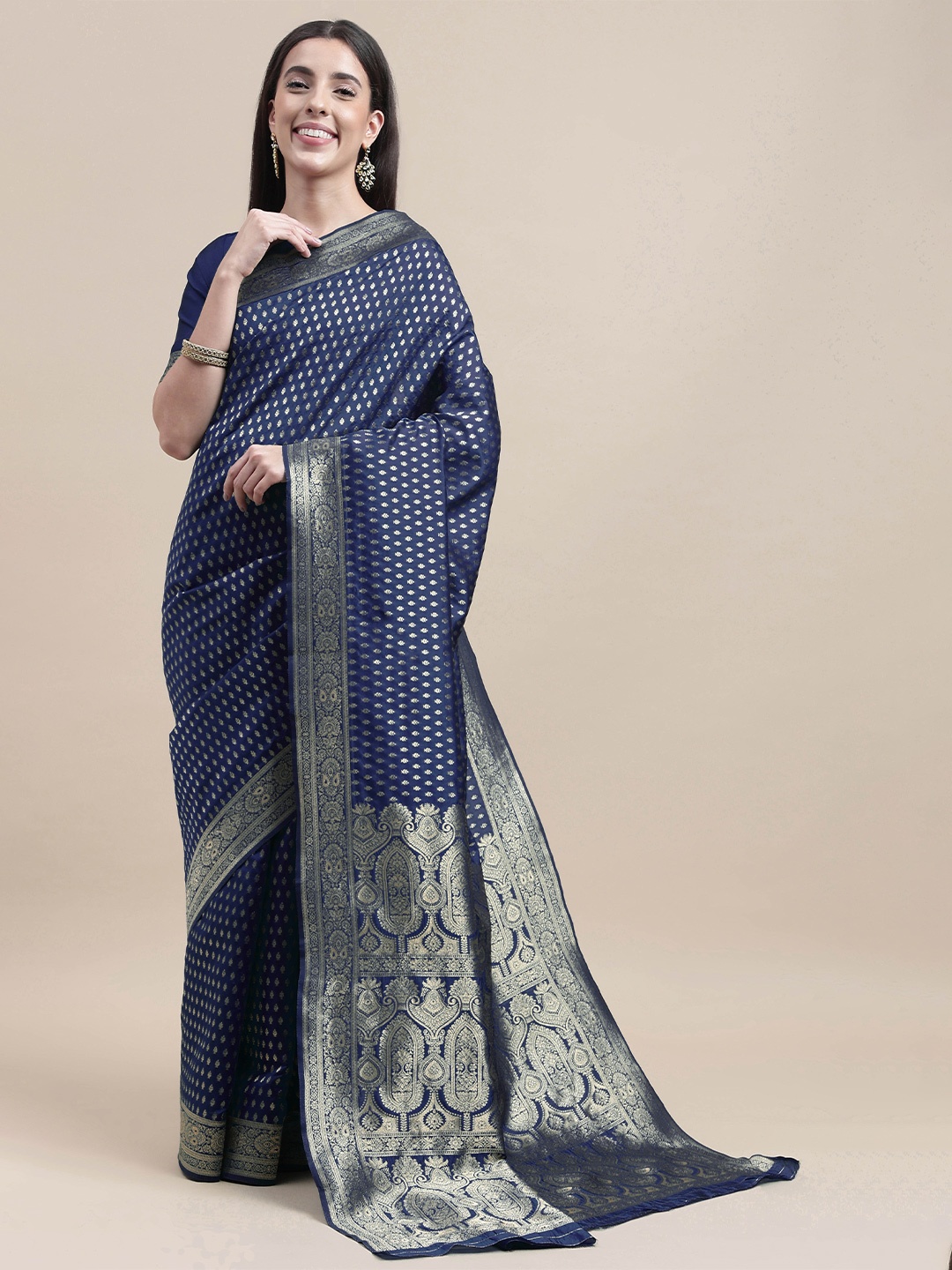 

HERE&NOW Navy Blue & Gold-Toned Ethnic Motif Woven Design Zari Kanjeevaram Saree