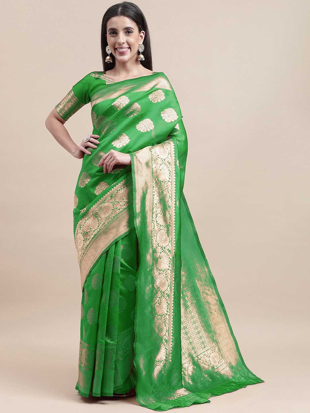 

HERE&NOW Green & Gold-Toned Floral Woven Design Zari Banarasi Saree