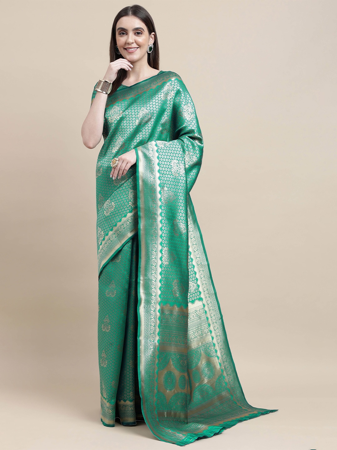 

HERE&NOW Green & Gold-Toned Ethnic Motif Woven Design Zari Banarasi Saree