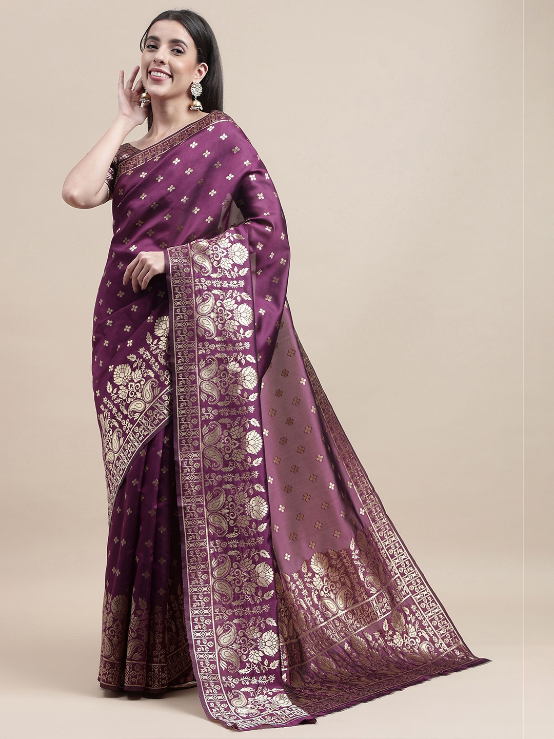 

HERE&NOW Purple & Gold-Toned Ethnic Motif Woven Design Zari Banarasi Saree