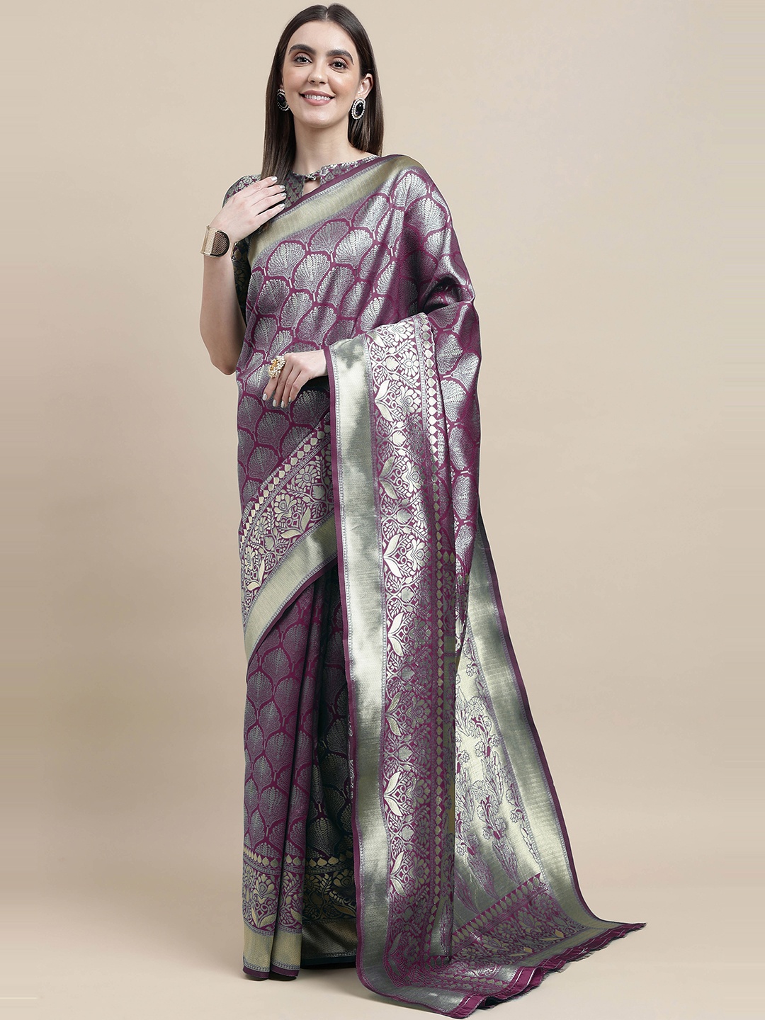 

HERE&NOW Purple Floral Woven Design Zari Banarasi Saree