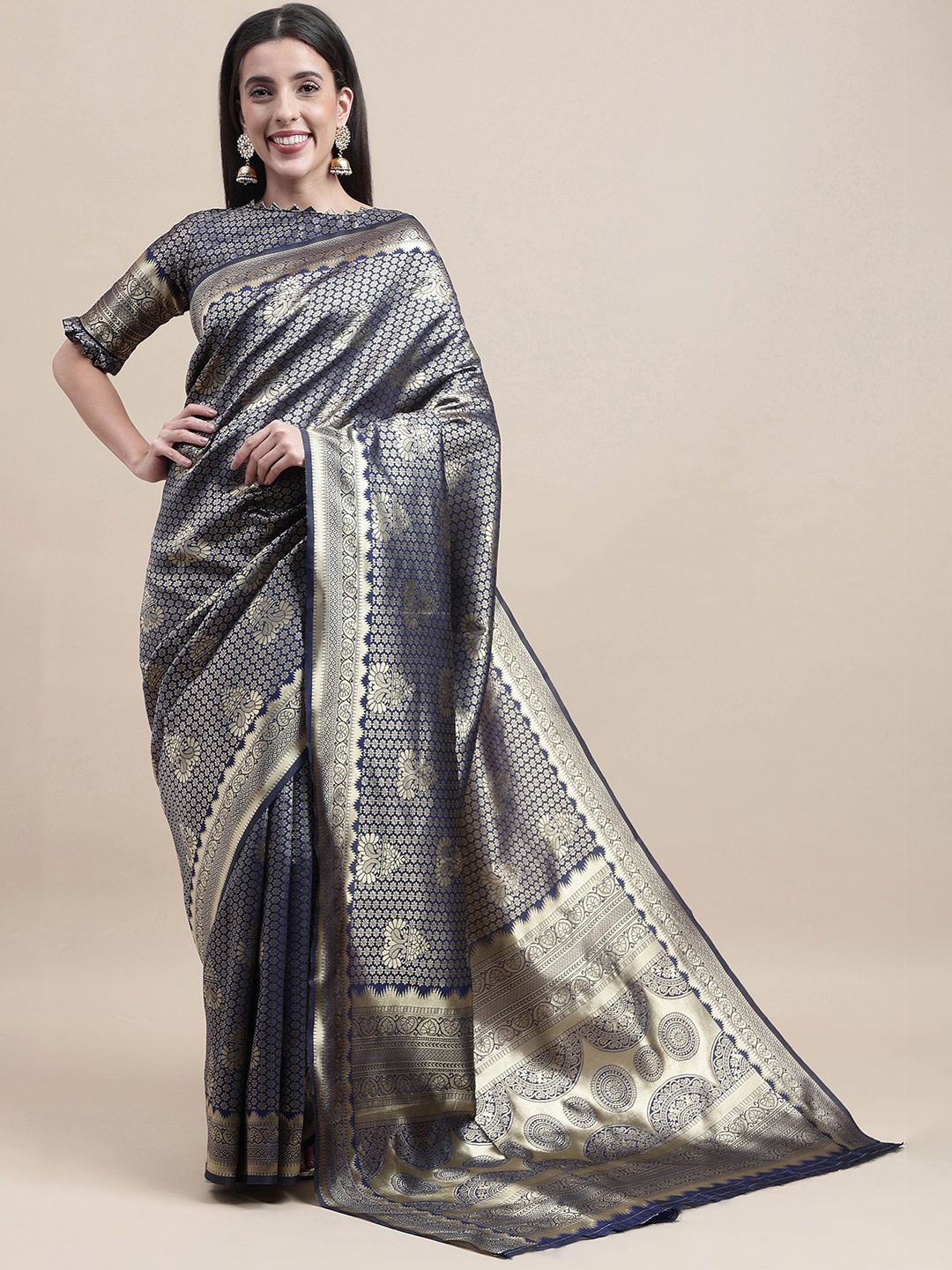 

HERE&NOW Navy Blue & Gold-Toned Floral Woven Design Zari Banarasi Saree