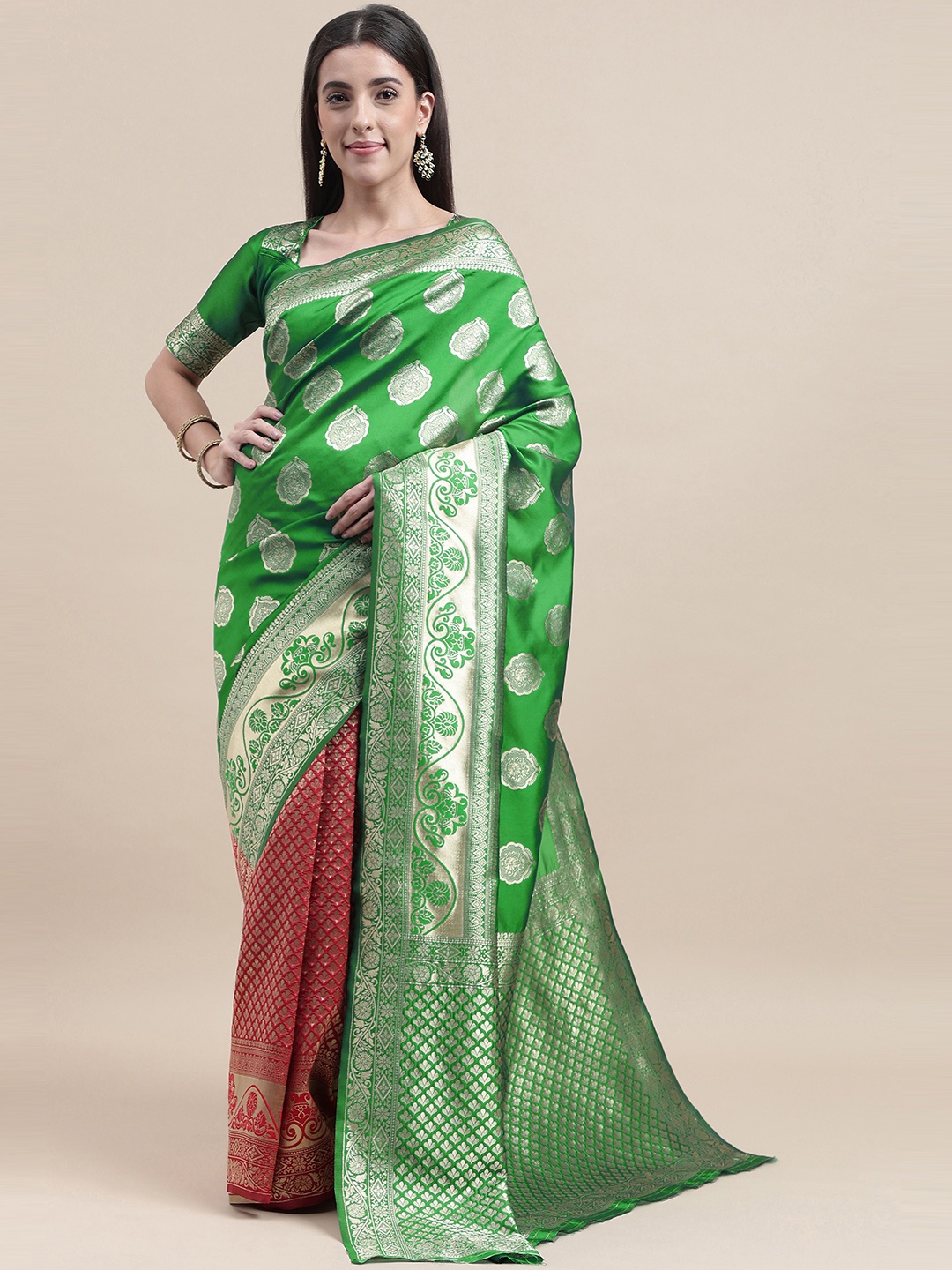 

HERE&NOW Green & Red Ethnic Motif Woven Design Zari Half and Half Kanjeevaram Saree