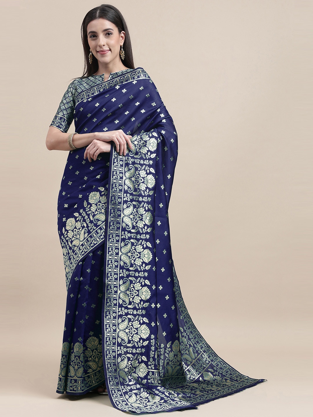 

HERE&NOW Blue & Gold-Toned Woven Design Zari Banarasi Saree
