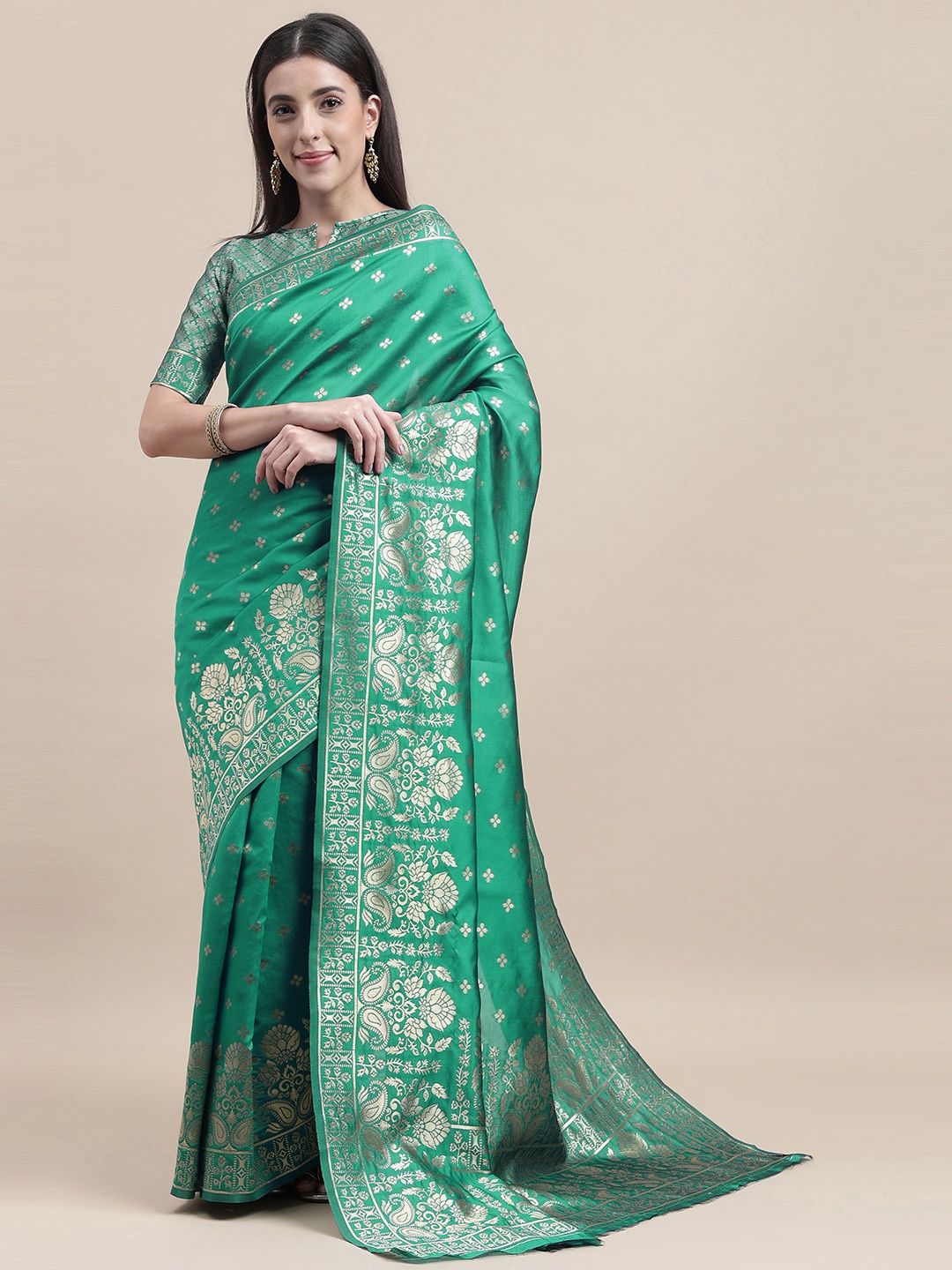 

HERE&NOW Green & Gold-Toned Ethnic Motif Woven Design Zari Banarasi Saree
