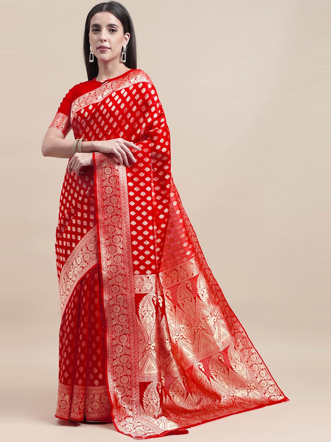 

HERE&NOW Red & Gold-Toned Ethnic Motif Woven Design Zari Banarasi Saree