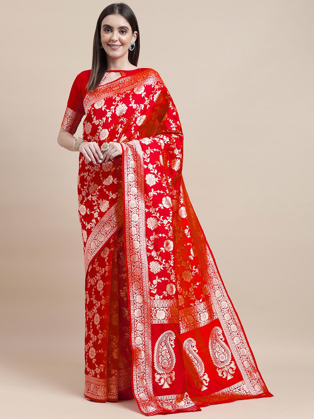 

HERE&NOW Red Floral Woven Design Zari Banarasi Saree