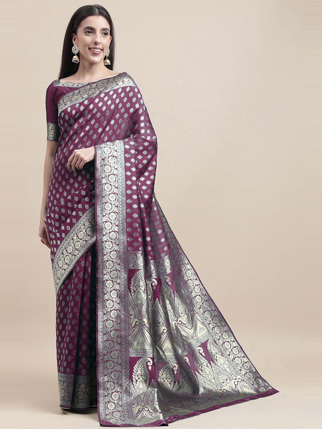 

HERE&NOW Purple & Silver-Toned Ethnic Motif Woven Design Zari Banarasi Saree