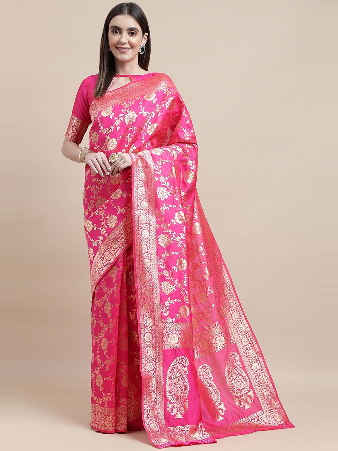 

HERE&NOW Pink & Gold-Toned Floral Woven Design Zari Banarasi Saree