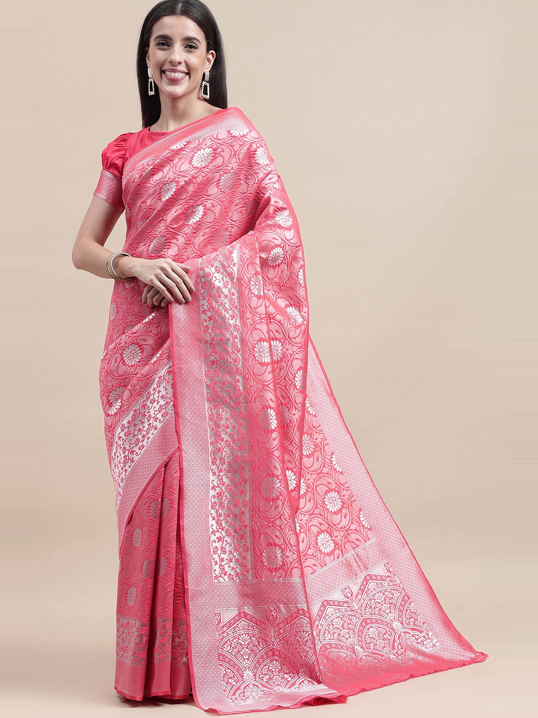 

HERE&NOW Pink & Gold-Toned Floral Woven Design Zari Kanjeevaram Saree