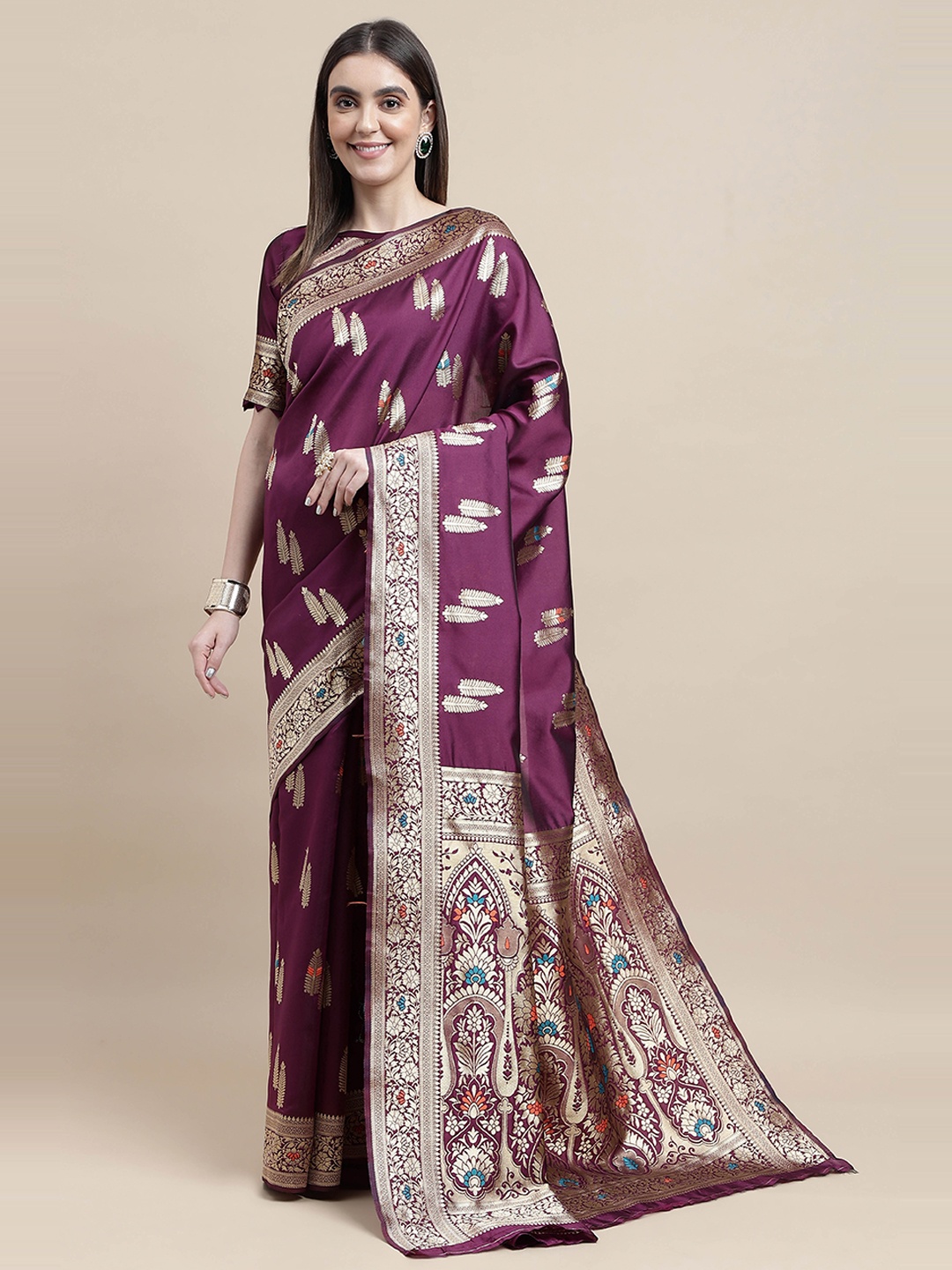 

HERE&NOW Purple & Gold-Toned Ethnic Motif Woven Design Zari Kanjeevaram Saree