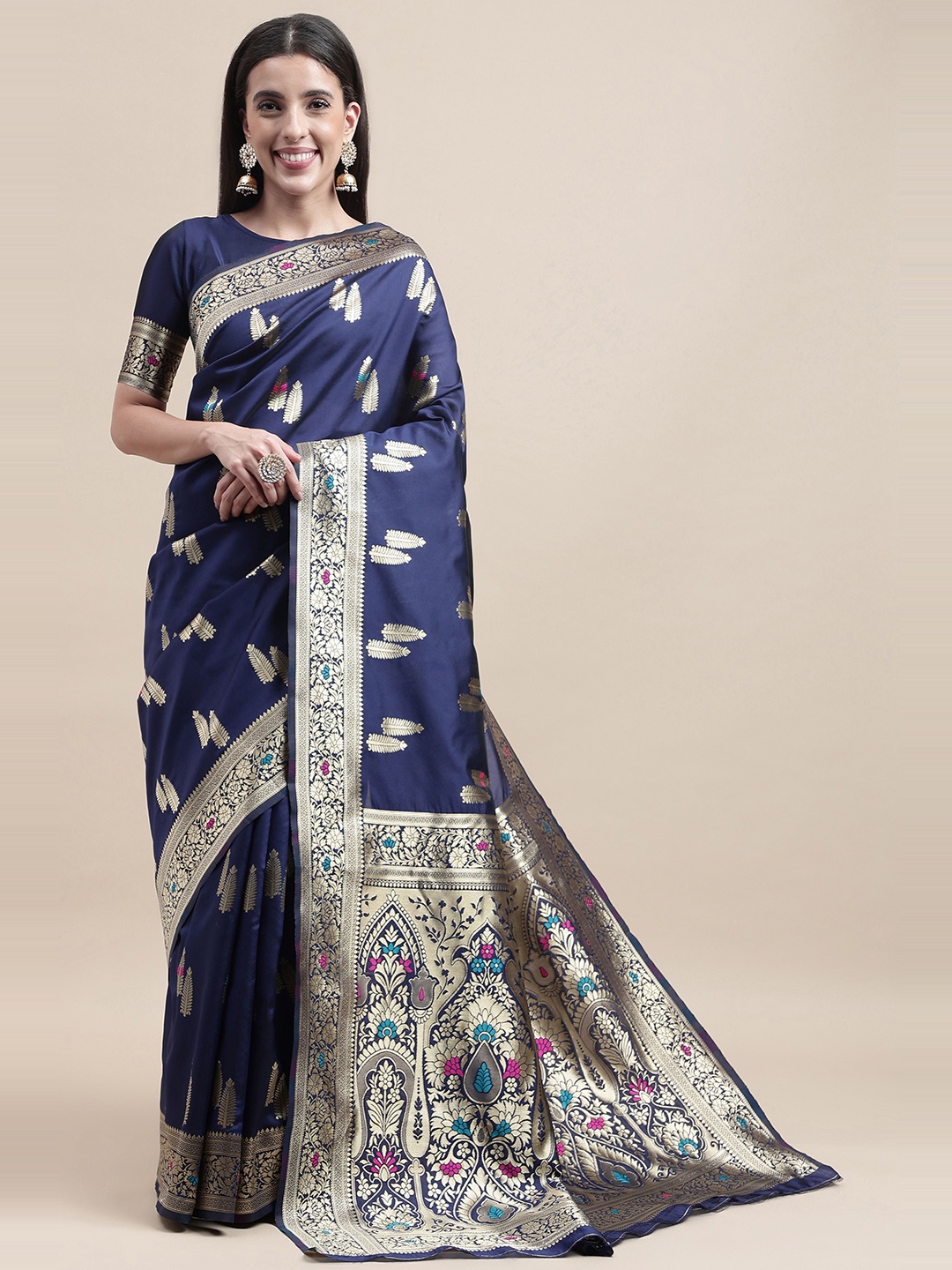 

HERE&NOW Blue Ethnic Woven Design Zari Kanjeevaram Saree