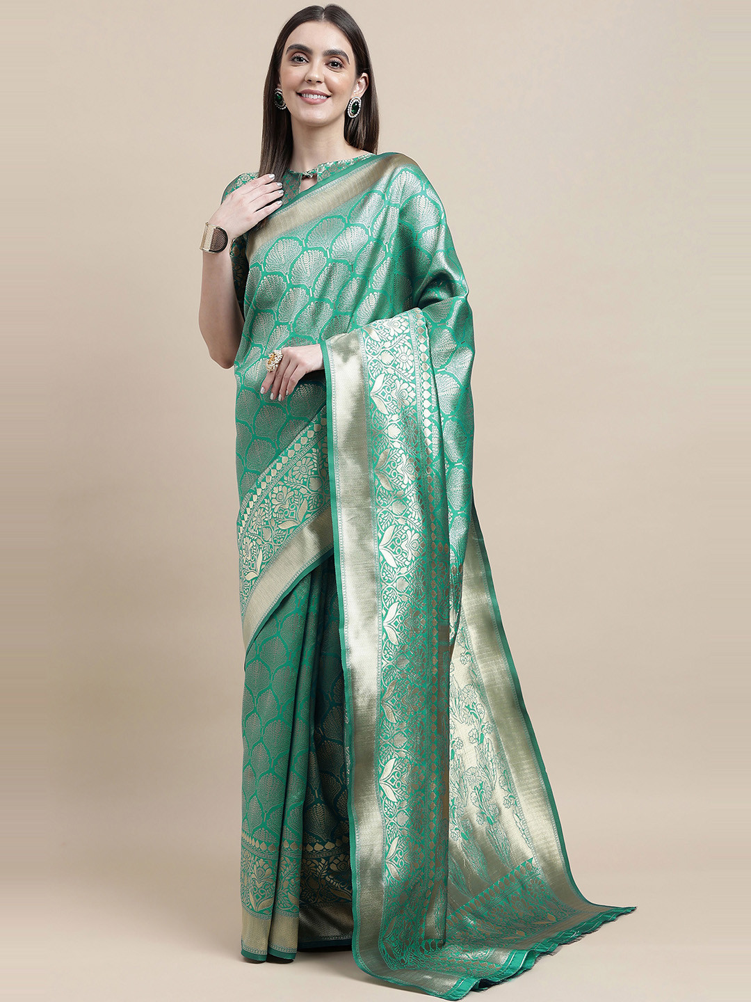 

HERE&NOW Green & Gold-Toned Ethnic Motif Woven Design Zari Banarasi Saree