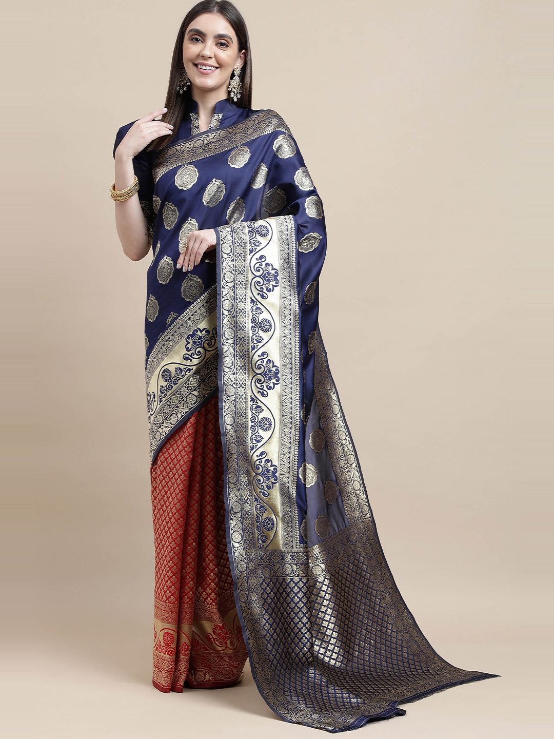 

HERE&NOW Blue & Red Ethnic Motif Woven Design Zari Half and Half Kanjeevaram Saree