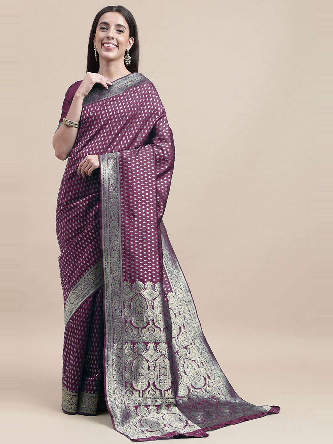 

HERE&NOW Purple & Gold-Toned Ethnic Woven Design Zari Kanjeevaram Saree