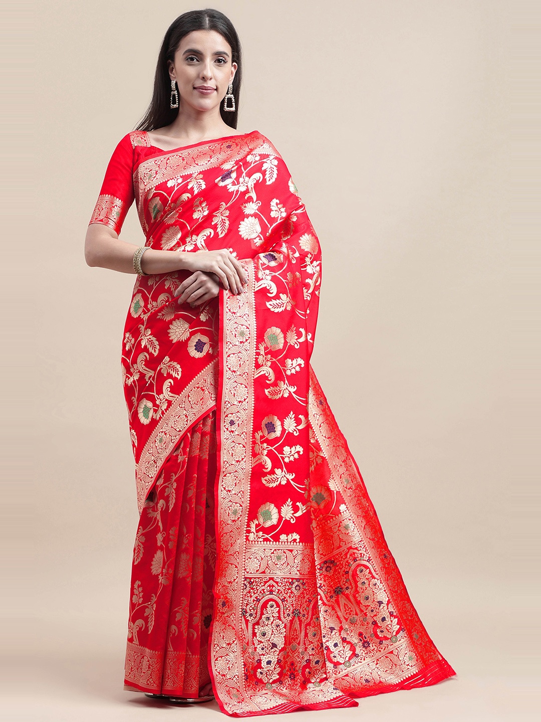 

HERE&NOW Red & Gold-Toned Floral Woven Design Zari Kanjeevaram Saree