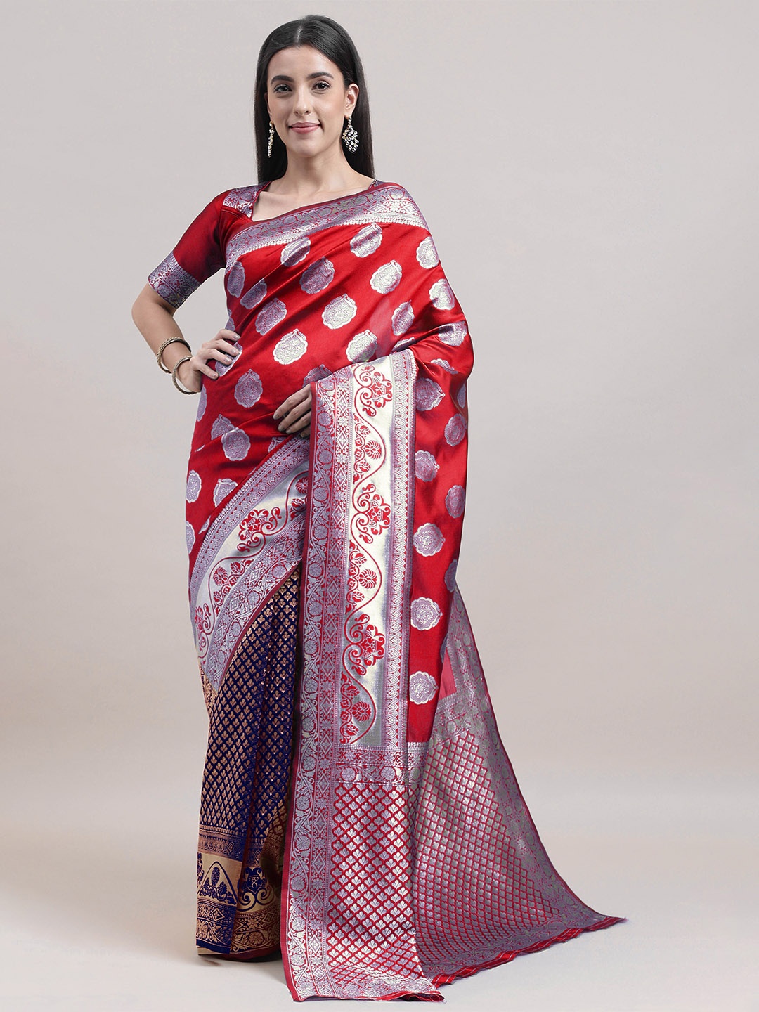 

HERE&NOW Red & Silver-Toned Ethnic Motif Woven Design Zari Kanjeevaram Saree